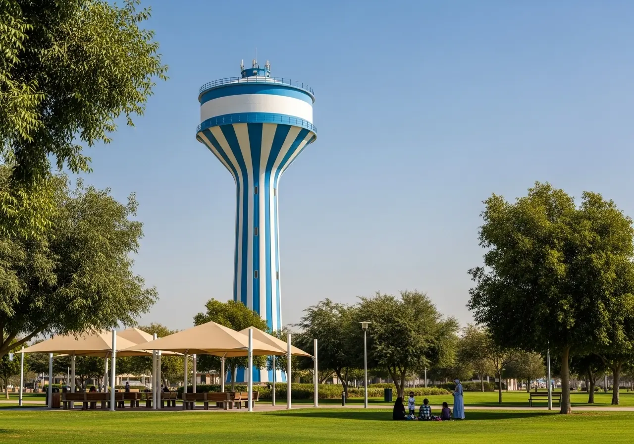 The iconic blue and white water tower standing tall over the lush, green, and sustainable Khazzan Park Dubai.