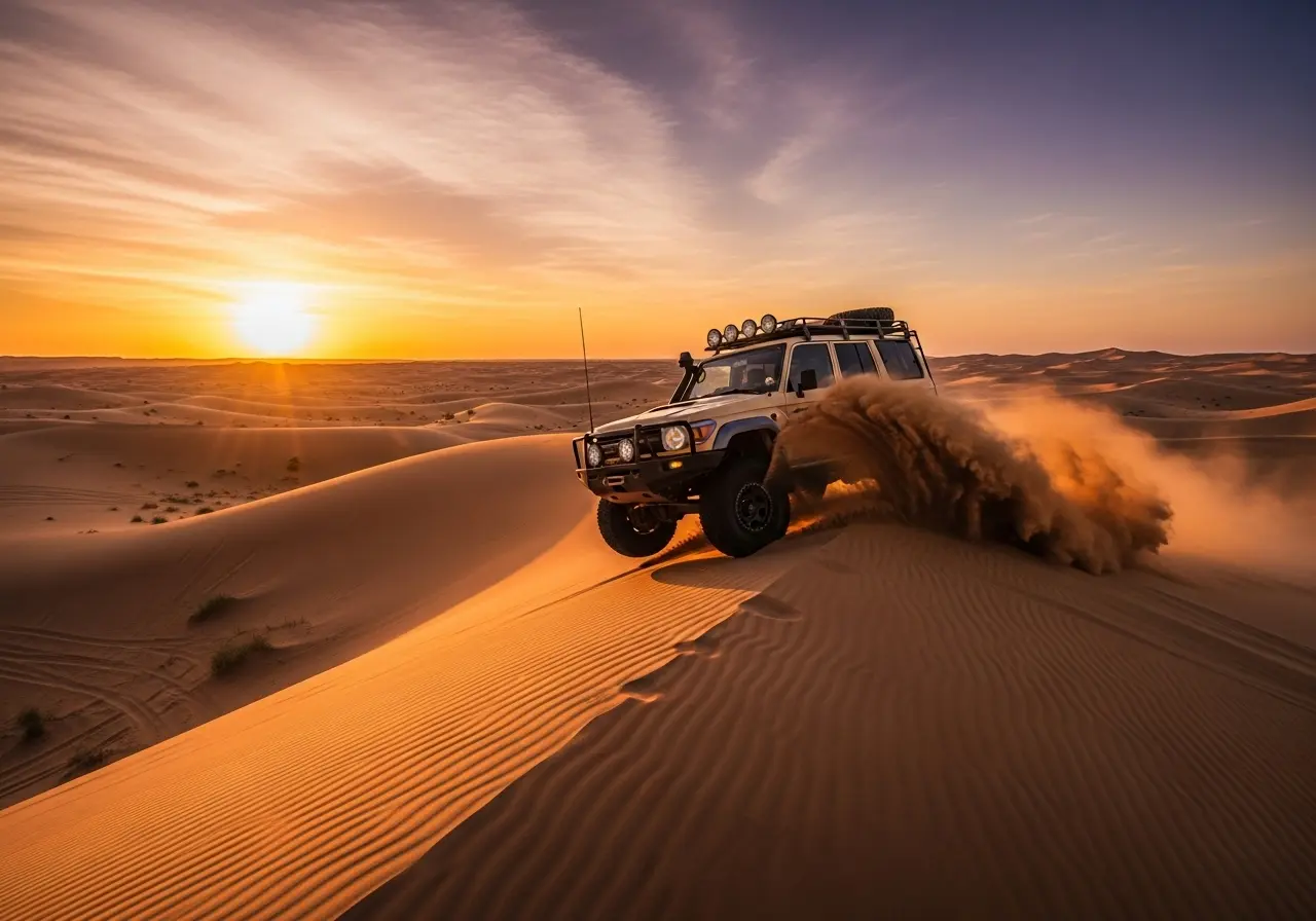 A 4x4 vehicle in motion during a thrilling desert safari dubai, speeding over a golden sand dune at sunset.