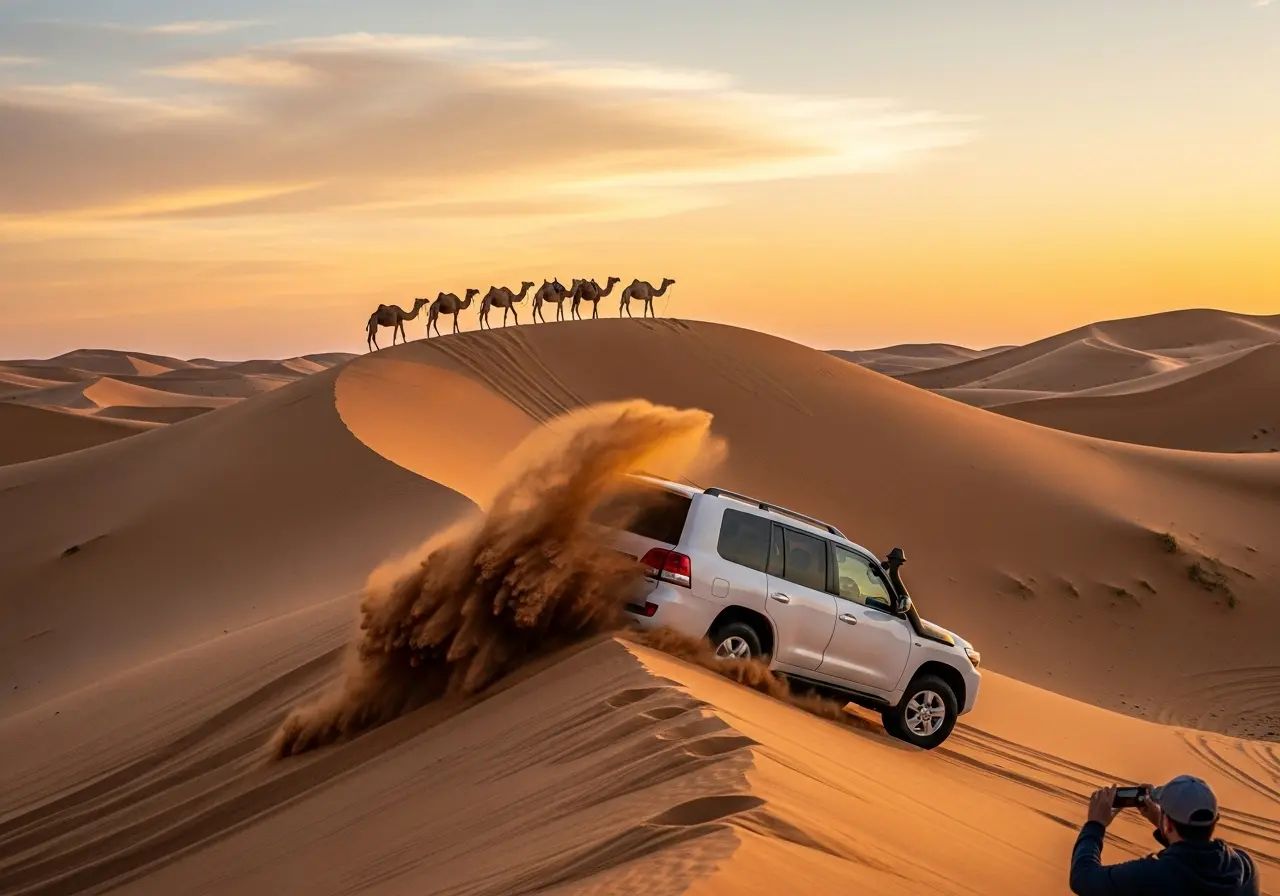 A thrilling Arabian Desert Experience with a powerful 4x4 driving over sand dunes at sunset.