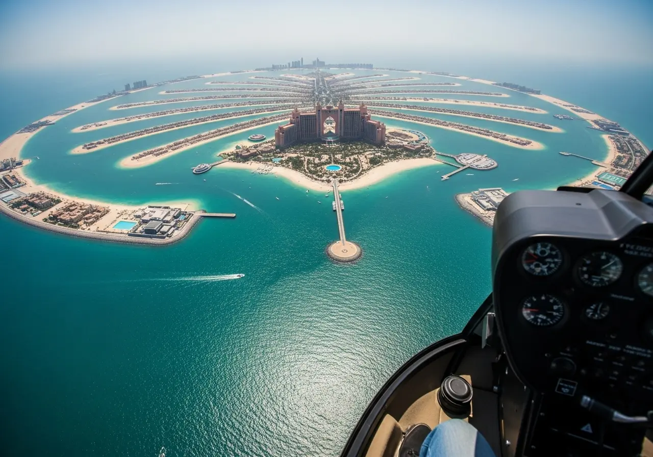 A stunning aerial views helicopter tour of the Palm Jumeirah in Dubai.