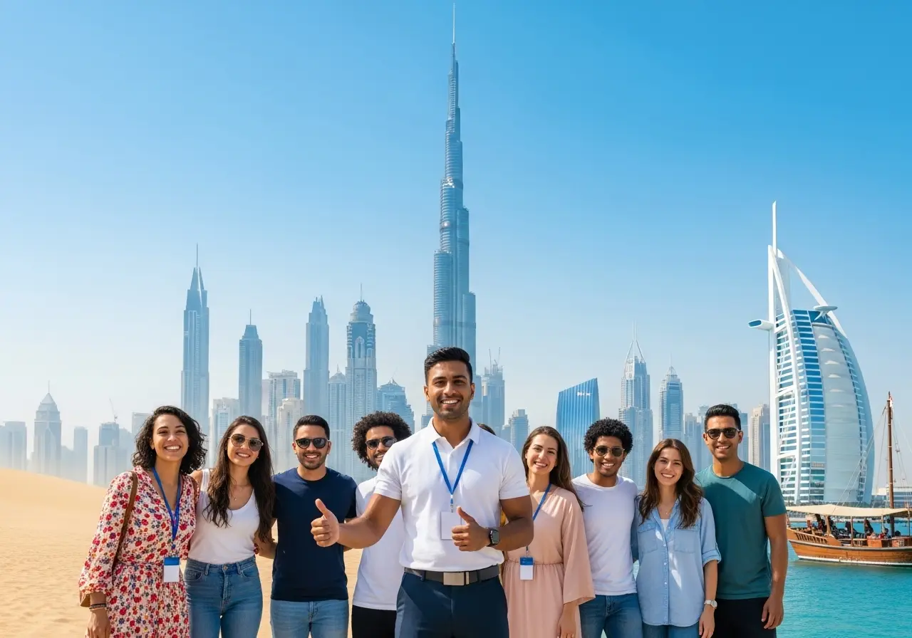 A realistic photo showing a guide and happy tourists, representing Dubai as a Leading Tour Operator and Destination.