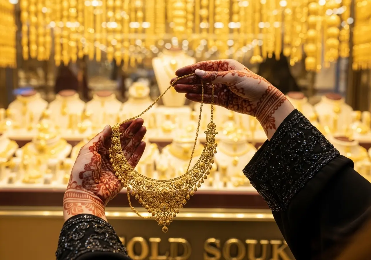 A woman holding a beautiful necklace after a successful trip with a Dubai Gold Souk guide.