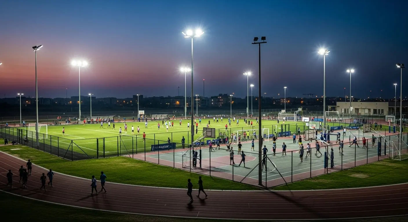 Players engaged in intense evening games on the floodlit football and basketball courts at the vibrant Al Satwa Park in Dubai.