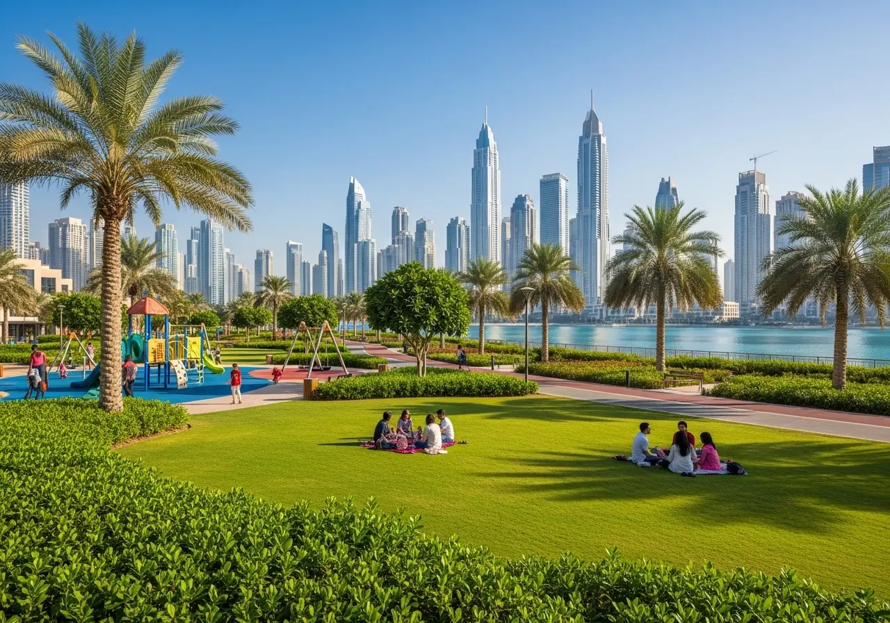 A beautiful, sunny day at the sensational JLT Park, showcasing its green lawns, playgrounds, and the stunning Dubai skyline in the background