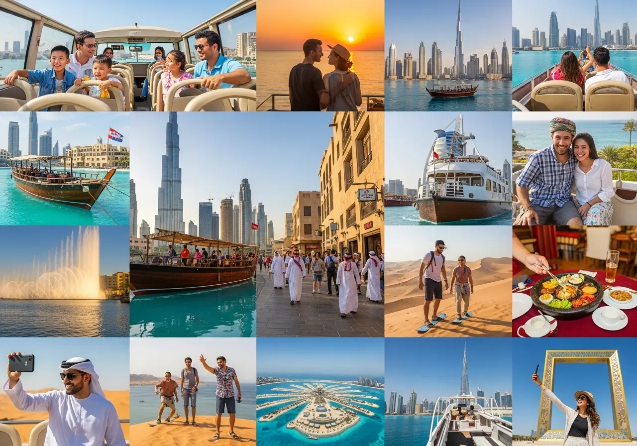 A collage of 15 images showing the best Dubai Tours Sightseeing Cruises including bus tours, dhow cruises, and desert safaris.