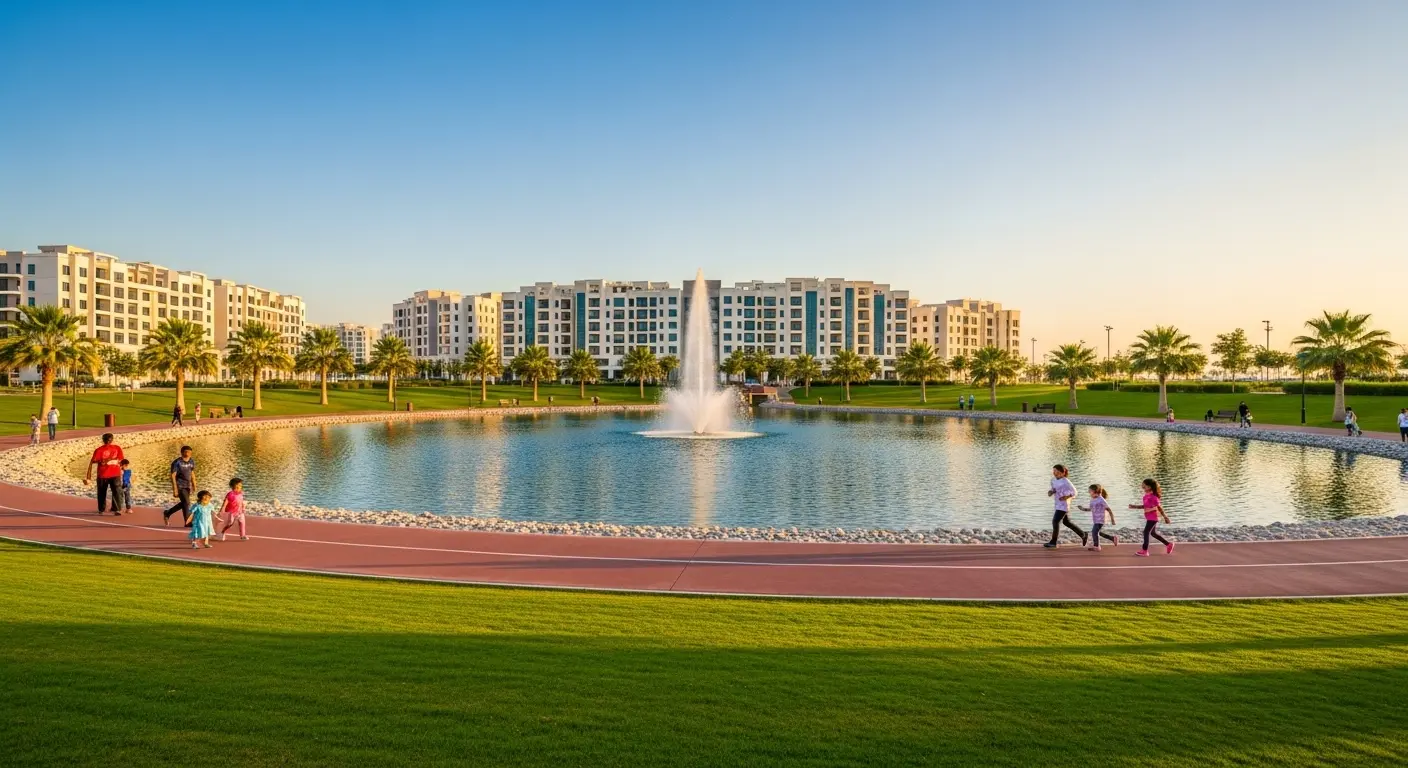 A picturesque view of the serene pond and jogging track at Al Qusais Pond Park, Dubai's ultimate community jewel and family destination.