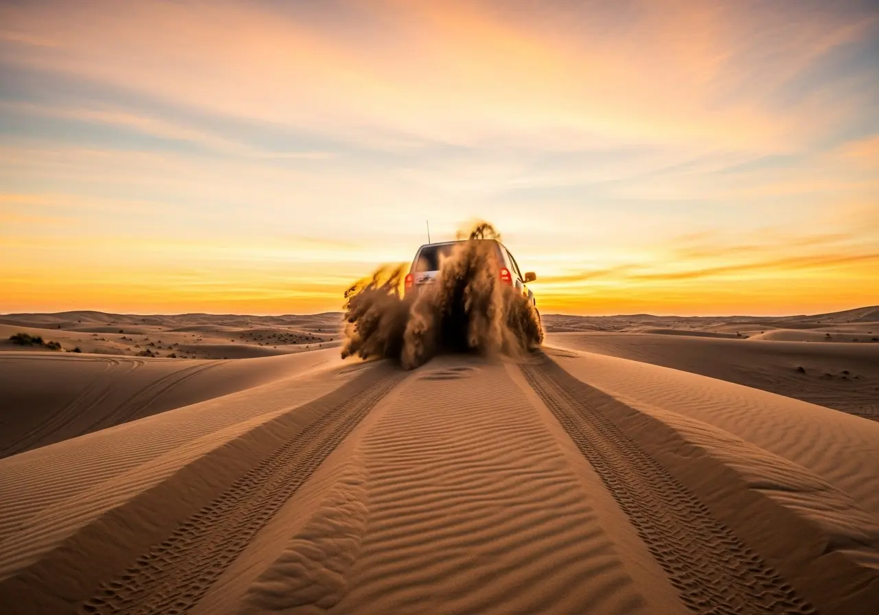 A thrilling Half-Day Desert Safari with a 4x4 car driving over sand dunes at sunrise.