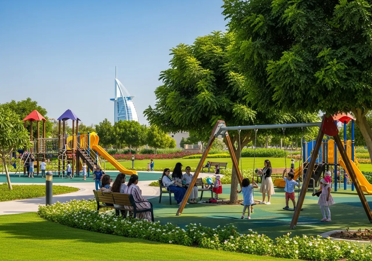 Women and children enjoying a sunny day at the serene and secure Umm Suqeim Park, a premier ladies-only park in Dubai with playgrounds and beautiful landscaping.