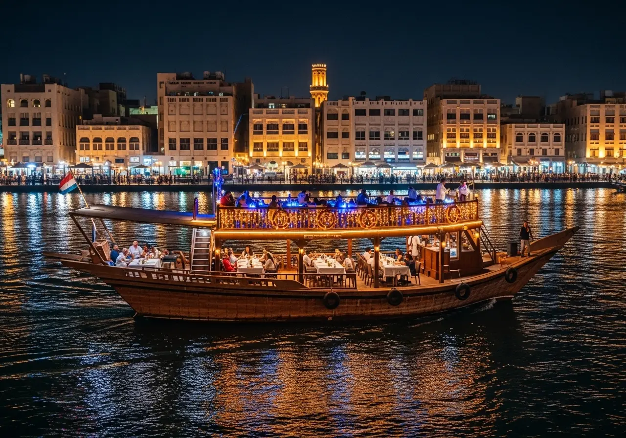 A traditional dhow on a Dubai Creek dinner cruise with the lights of Old Dubai in the background.