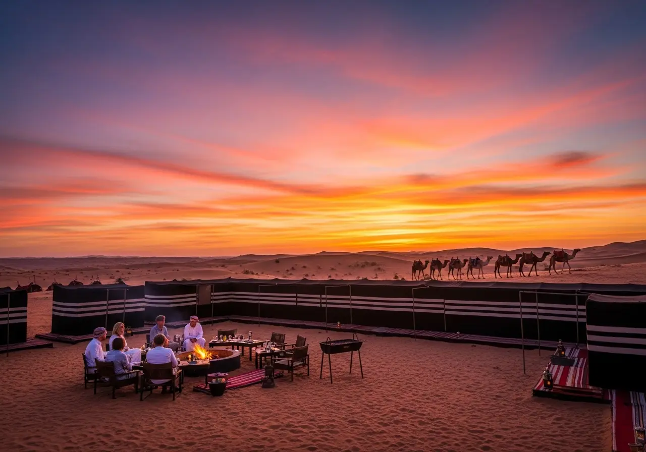 A thrilling Top Desert Safari Tours experience with a beautiful sunset over a traditional Bedouin camp.