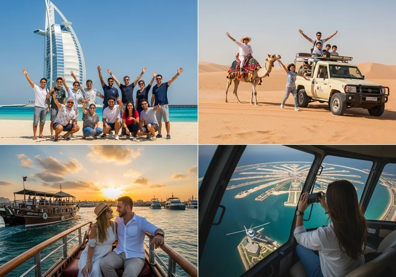 A collage of four images depicting different experiences on Dubai Day Tours, including a city tour, desert safari, dhow cruise, and a helicopter tour.