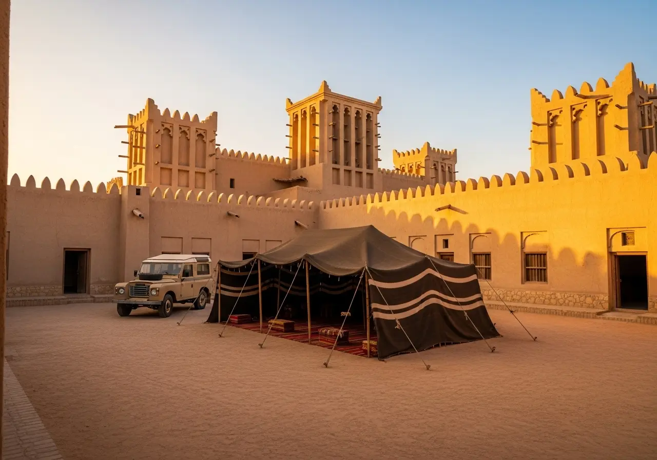 The historic courtyard of the Al Ain Palace Museum during a tour.