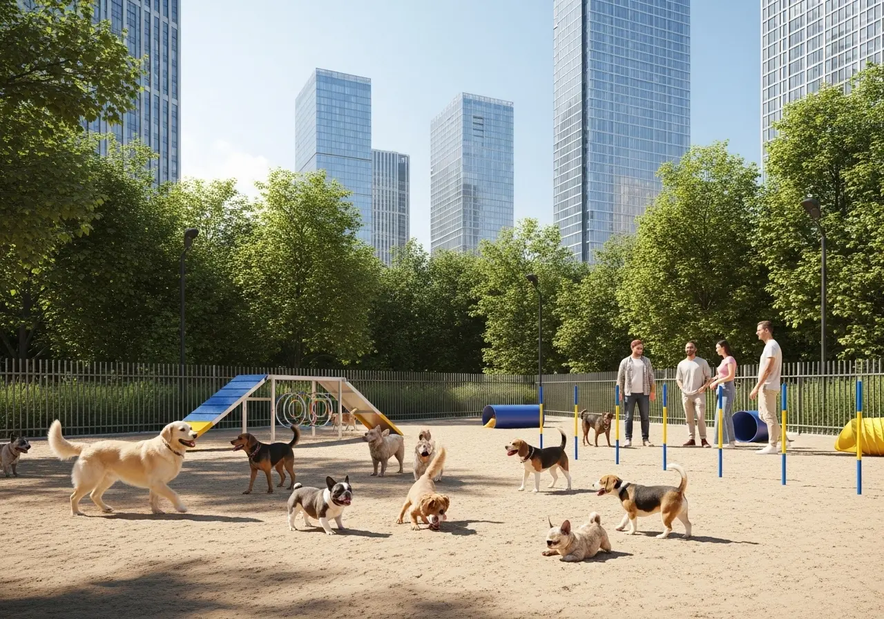 Several happy dogs playing off-leash at the pet-friendly JLT Dog Park, the premier Dubai dog park with agility equipment and city views.
