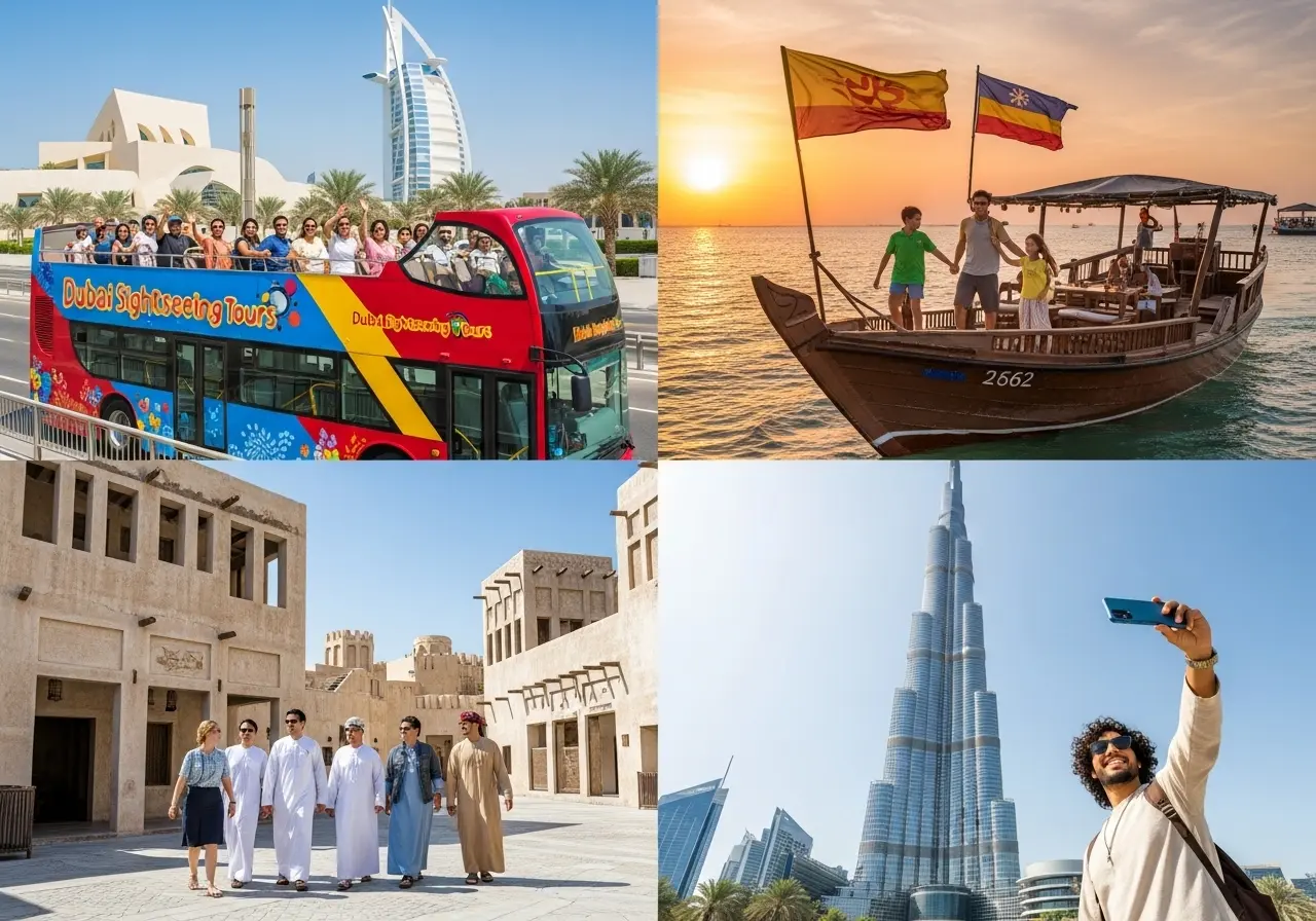A collage of four images depicting different experiences on a Dubai Sightseeing Tours itinerary, including a hop-on hop-off bus, a dhow cruise, a walking tour, and a visit to the Burj Khalifa.