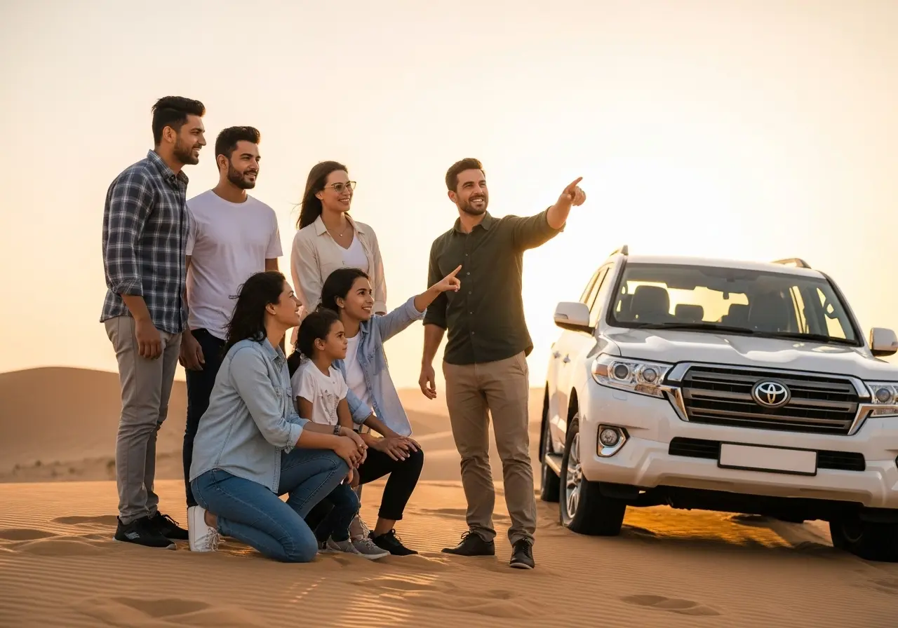 A guide giving tips for first time desert safari visitors during a beautiful sunset.