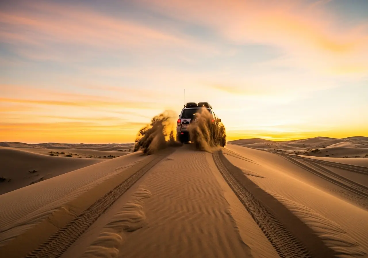 A thrilling Morning Desert Safari with a 4x4 car driving over sand dunes at sunrise.