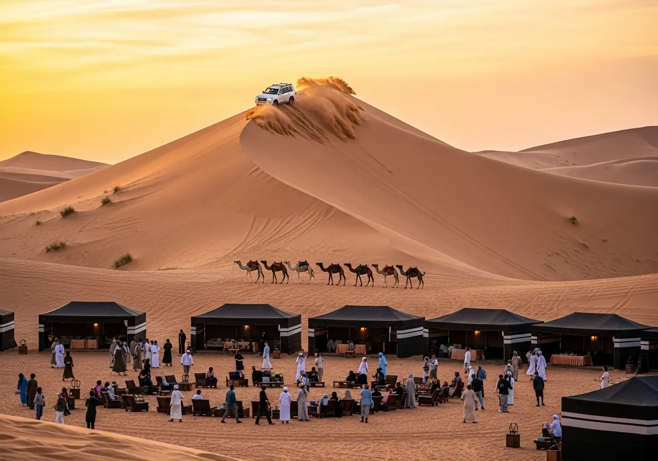 A thrilling Desert Safaris in Dubai experience featuring a powerful 4x4 and a traditional desert camp at sunset. Desert Safaris in Dubai
