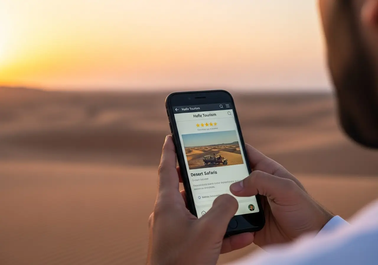 A person reading the best desert safari companies reviews on their phone.