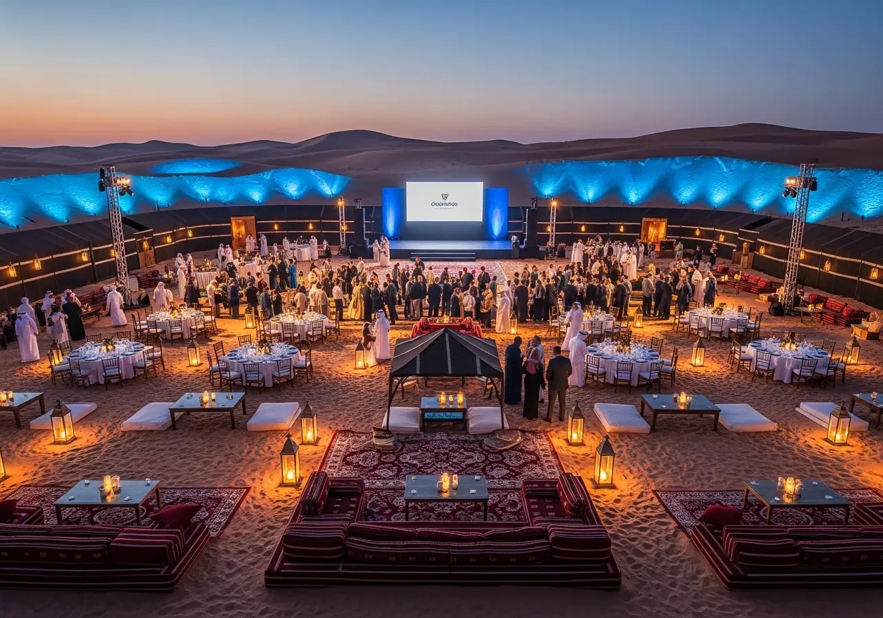 A large, successful customizable desert safari for large groups event at night. customizable desert safari large groups