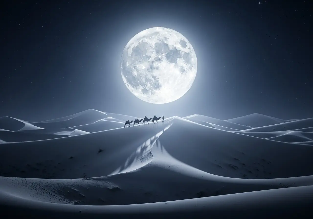A serene camel caravan on a magical full moon desert safari.
