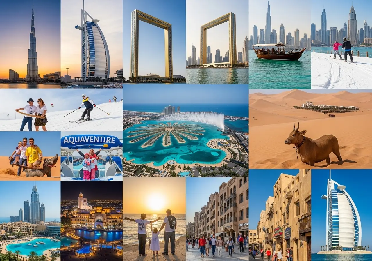 A collage of 15 images showing various Dubai Iconic Attractions including the Burj Khalifa, the Dubai Frame, and a desert safari.