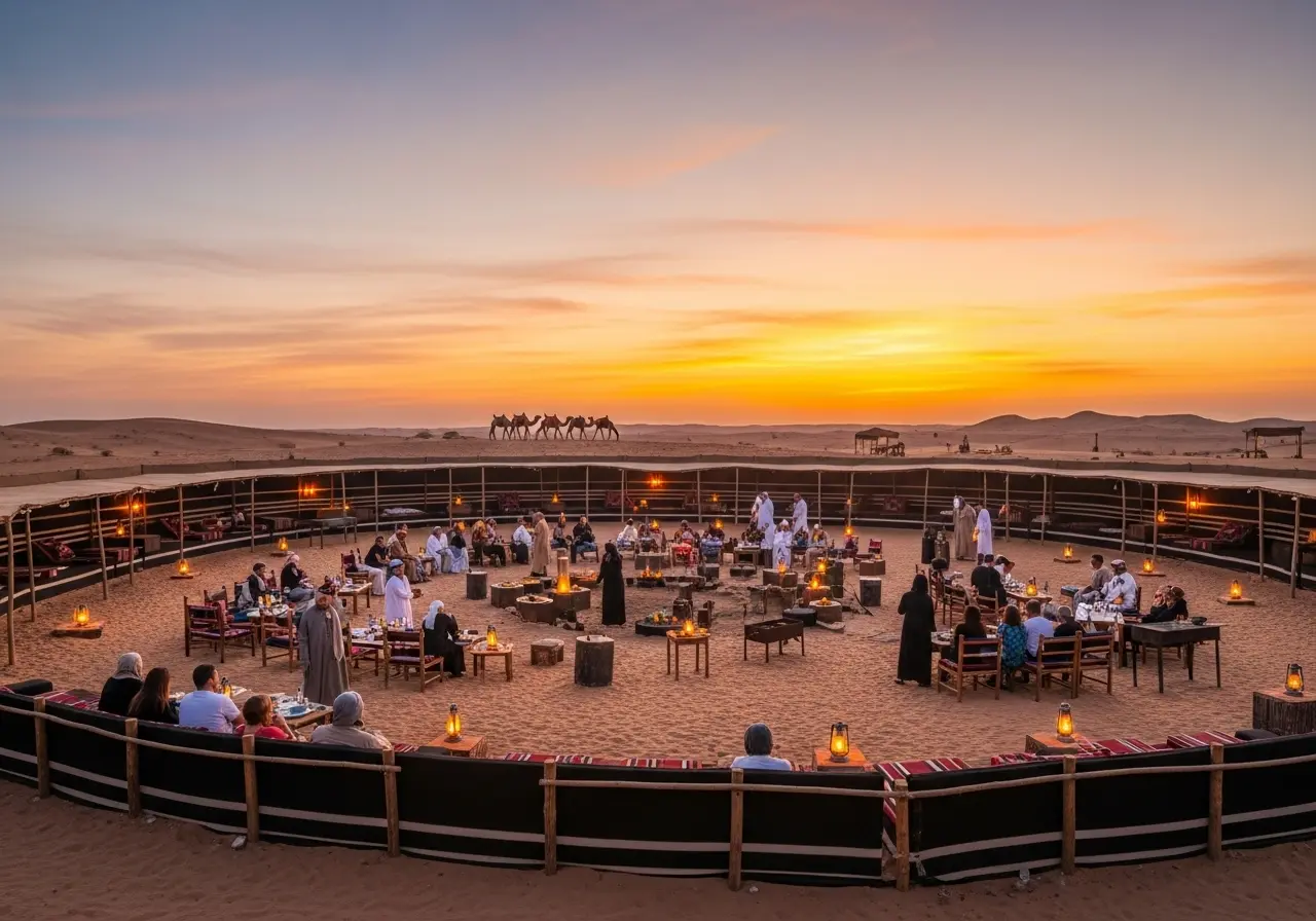A beautiful Desert Villages and Camps experience with a traditional Bedouin camp in the desert at sunset.