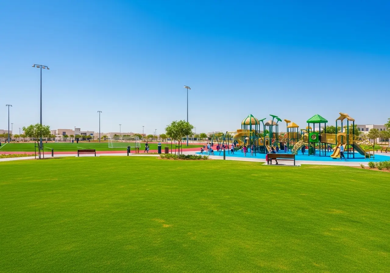Families and children enjoying the expansive green lawns and modern playgrounds at the beautiful Al Twar Park 1 in Dubai.